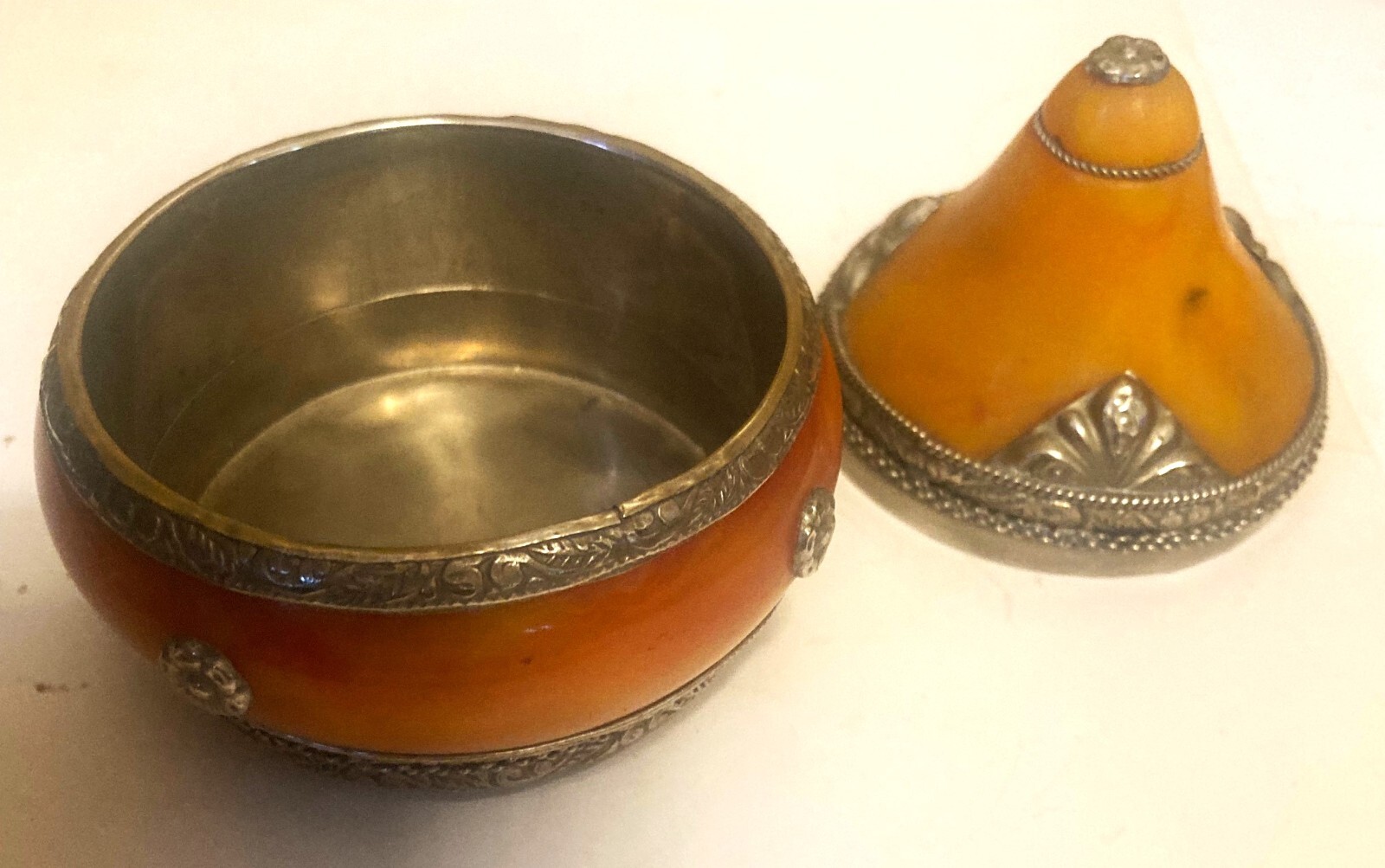 Vtg Handmade Moroccan Yellow Berber Amber Resin & Silver Trinket Jar/ Bangle 3"