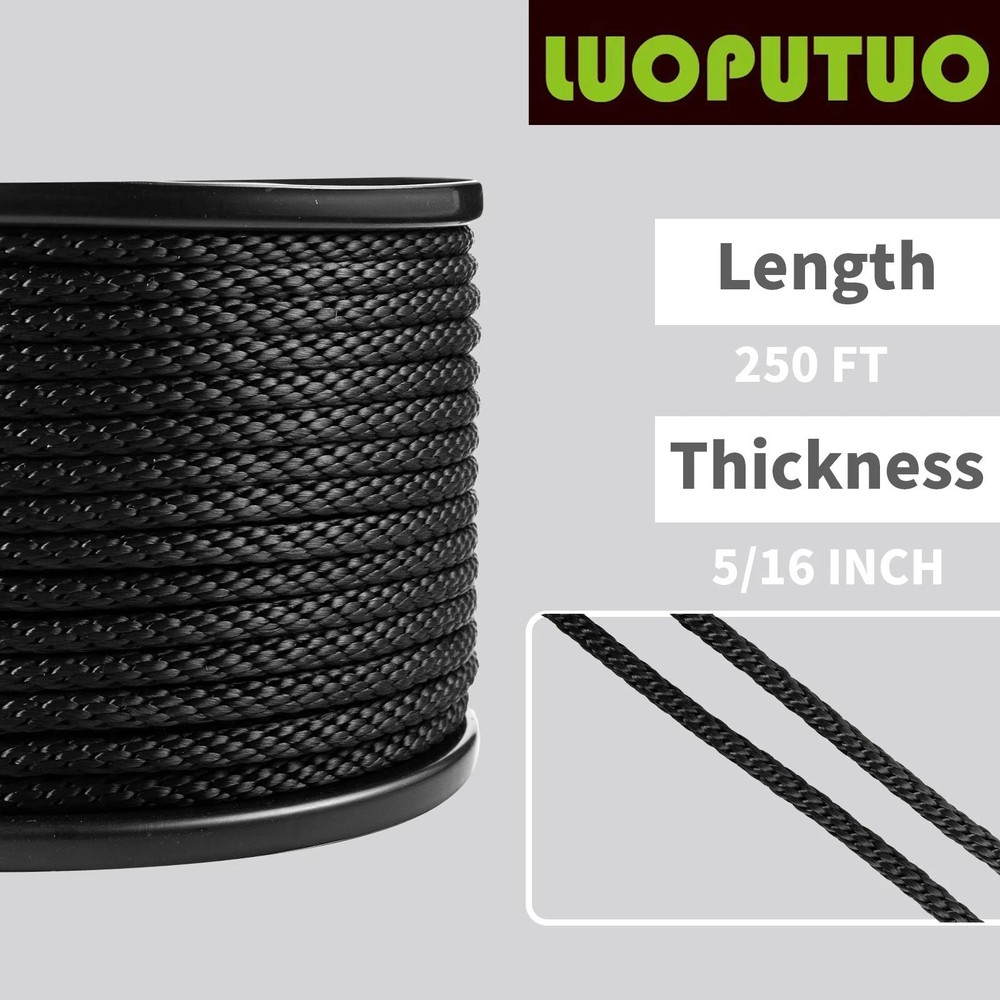 5/16'' 250' Black Polyester Solid Braid Rope