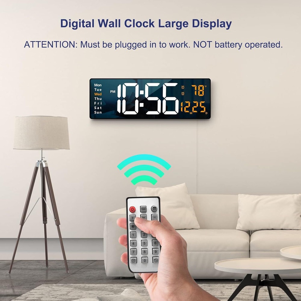Large Display Digital Wall Clock, 16.2” with Remote Control, (Orange)