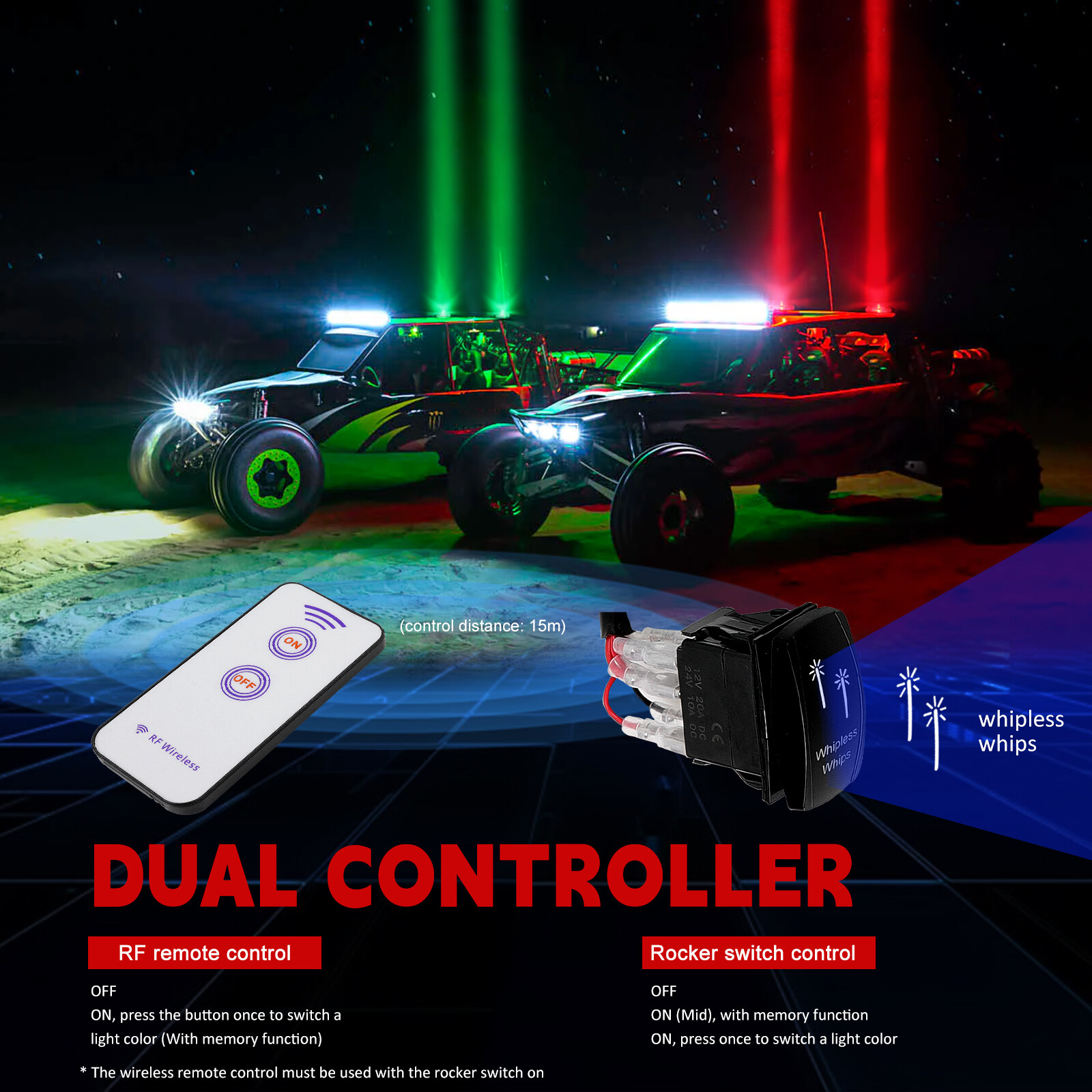 Laser RGB LED Whip Lights Whipless Antenna Remote For ATV UTV Can Am Polaris RZR