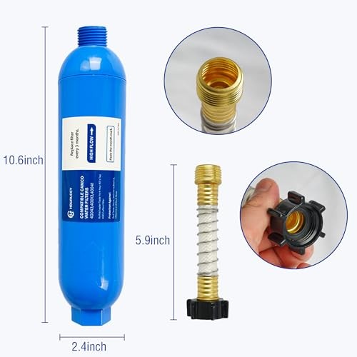 RV Inline Water Filter with 2 Flexible Hose Protector, Reduce Bad 2 Pack