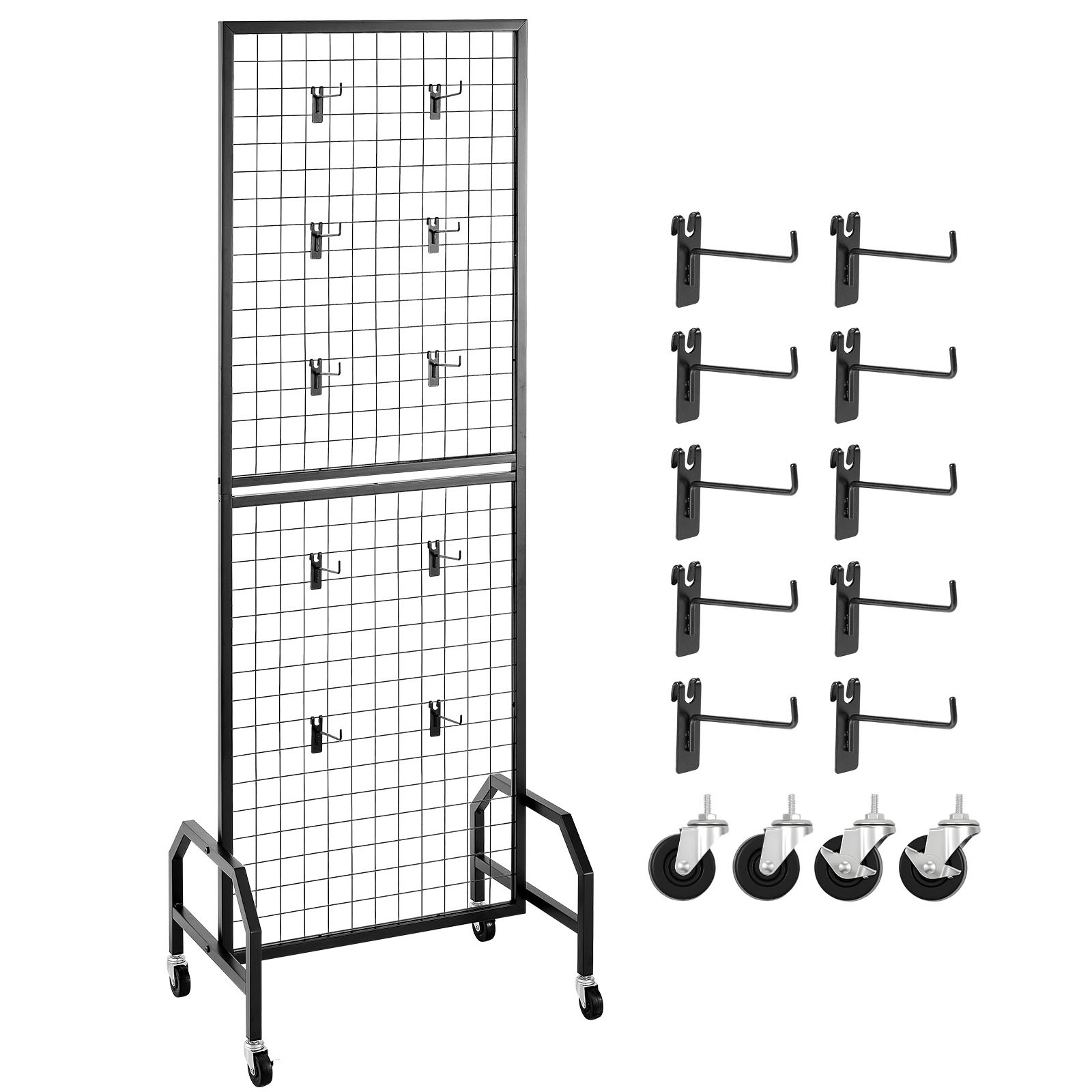 Uimoso Grid Wall Panel 1.9 x 5.4 ft Wire Display Rack with Wheels and 10 Hooks