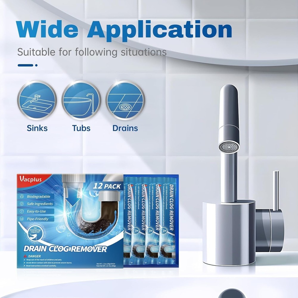 Vacplus Drain Clog Remover | 18-Pack Powerful Sink Cleaner & Deodorizer