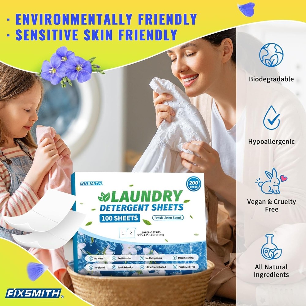 FIXSMITH Laundry Detergent Sheets - 200 Loads (100 Sheets) Fresh Linen Scent