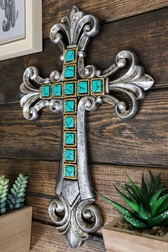 Southwestern Silver Tuscan Fleur De Lis Scrollwork Turquoise Rocks Wall Cross