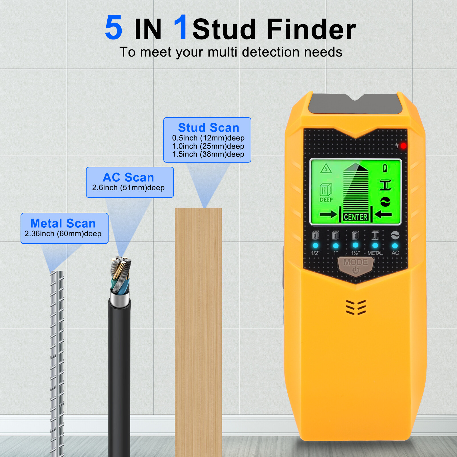 5 in 1 Stud Finder Wall Scanner LCD Display Detector for Wood AC Wire Metal Pipe