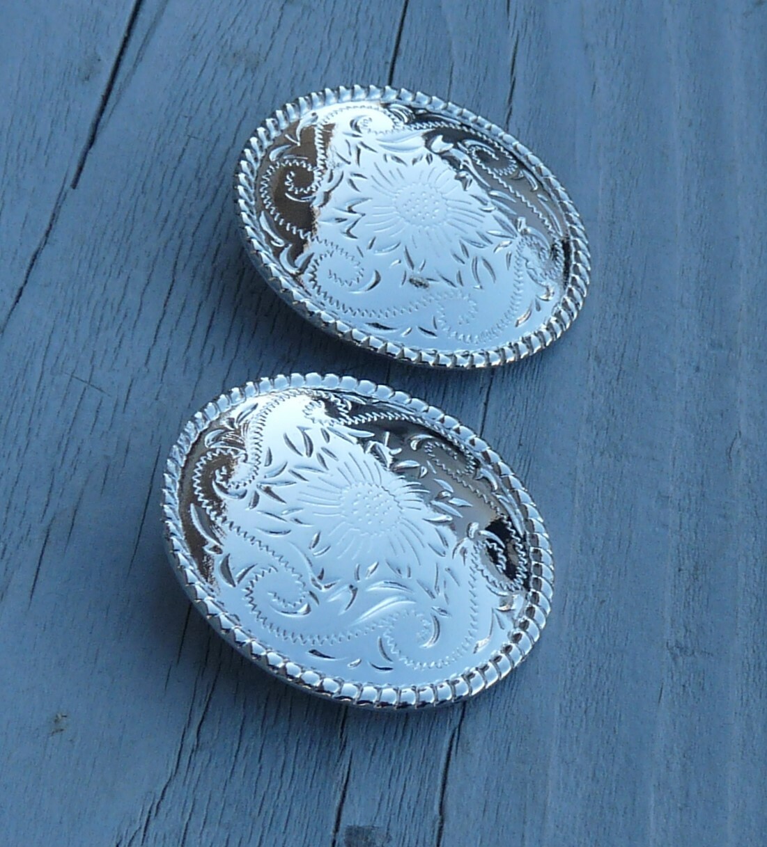 Lot of 2 Engraved Rope Edge Silver Nickel Concho 1-1/2" 3/4"