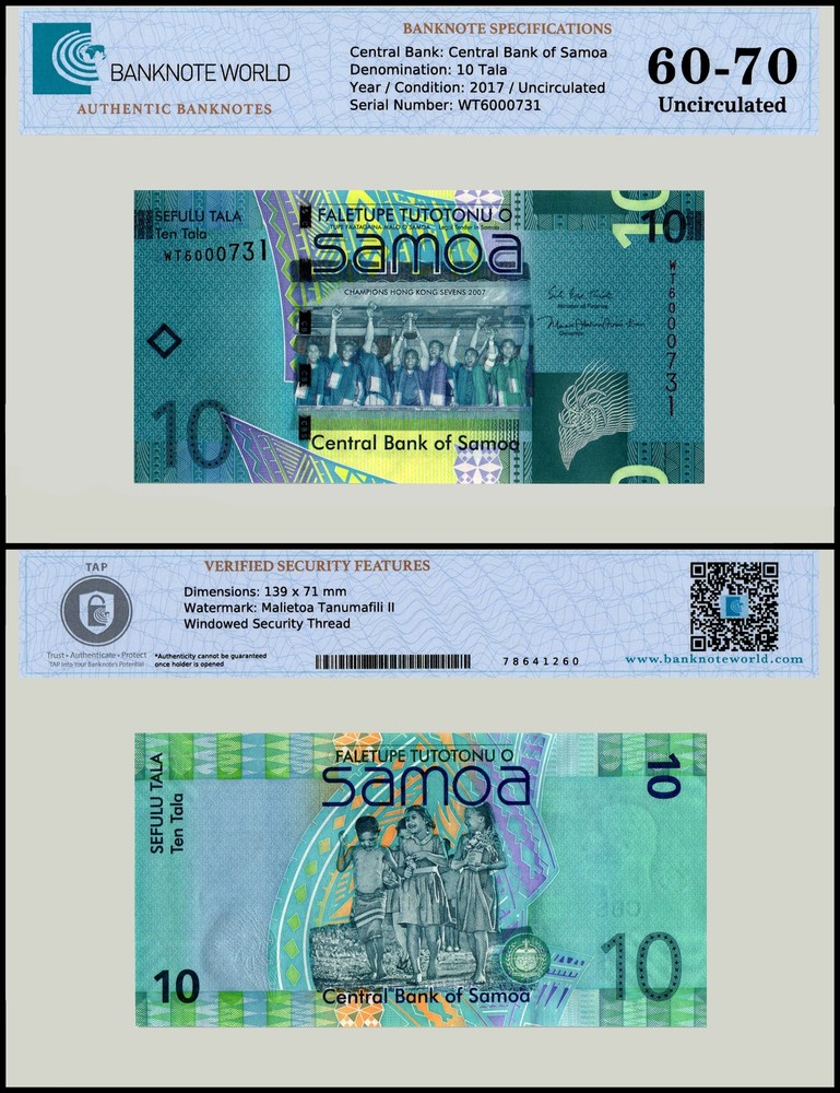 Samoa 10 Tala, 2017 ND, P-39b, UNC, Authenticated Banknote