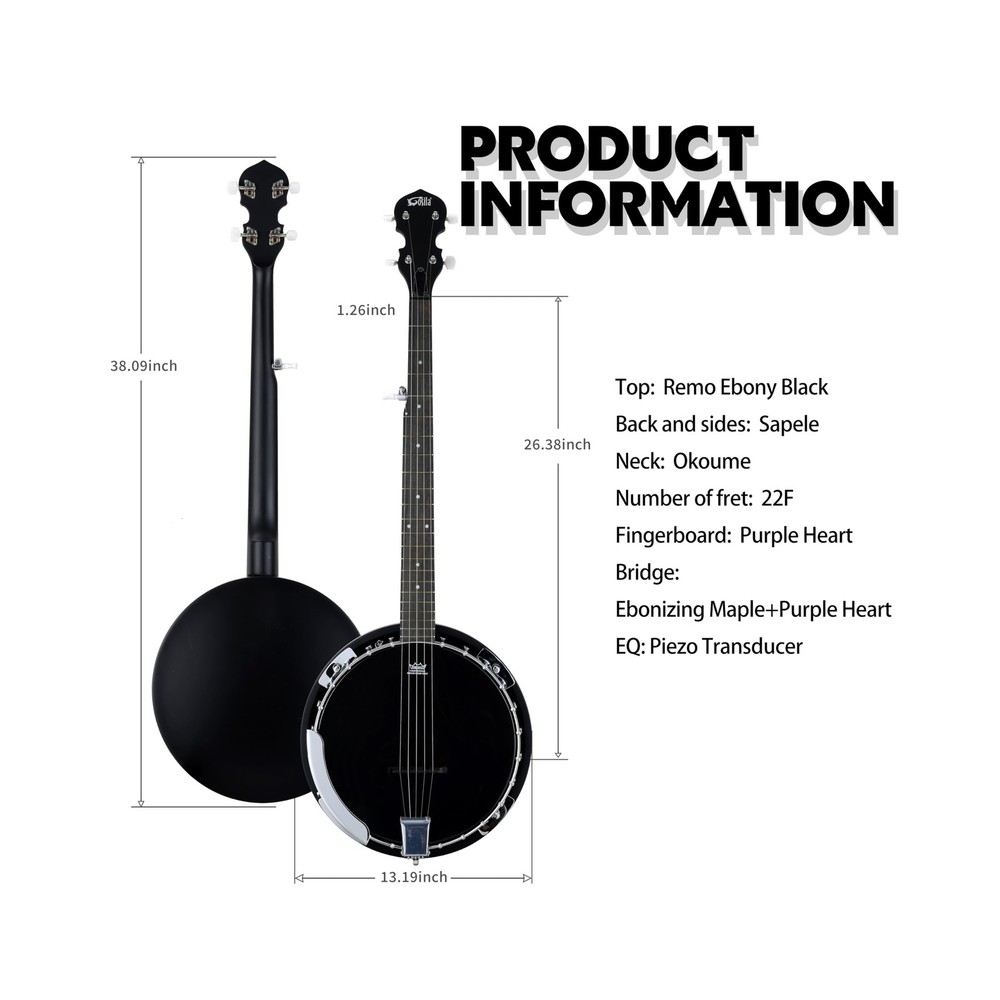 5 String Full Size Acoustic Electric Banjo Solid Back Remo Ebony Black Top Sa...