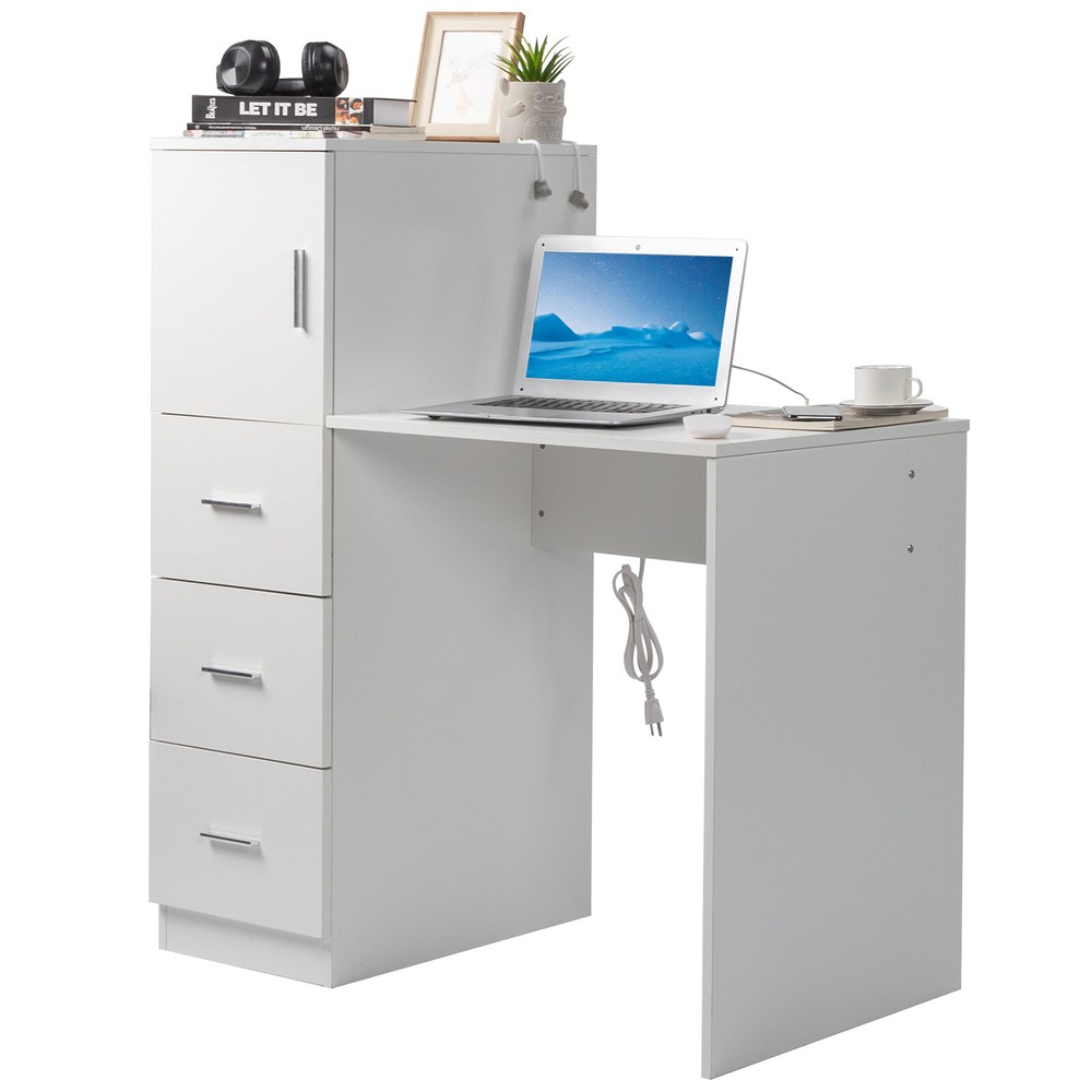 White embossed chipboard computer desk with 2 power sockets