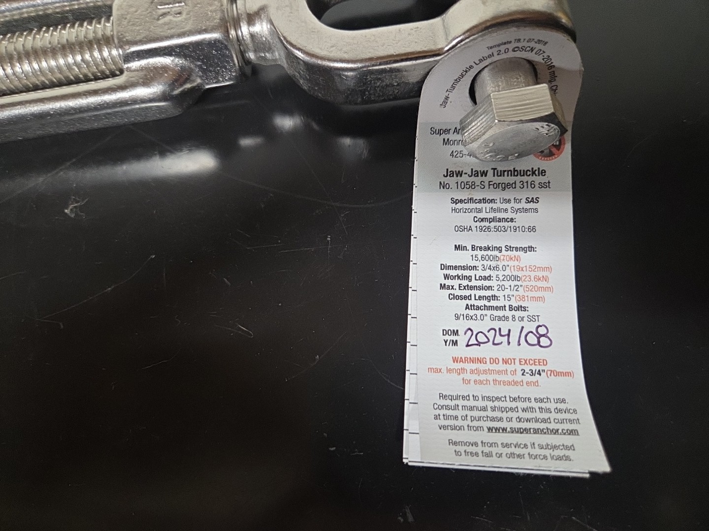 JAW-JAW TURNBUCKLE 1058-S Stainless Steel T316 Mil Spec 3/4" x 6" 5,200 Lbs