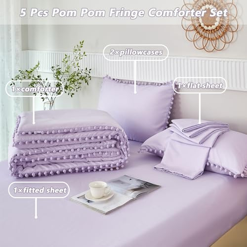 5 Pieces Lavender Purple Comforter Set Twin Aesthetic Boho Solid Bed