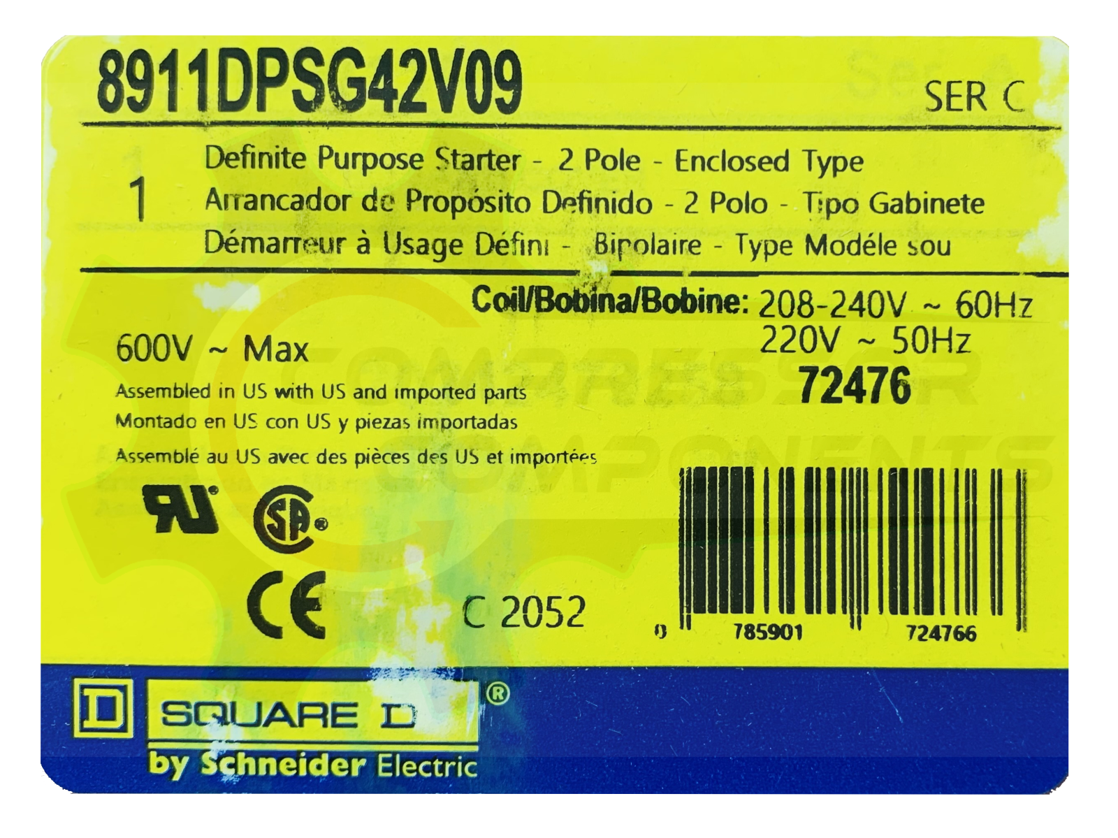 SQUARE D 8911DPSG42V09 MAGNETIC MOTOR STARTER 7.5 HP 1-PH 230VAC 40A W/Overload