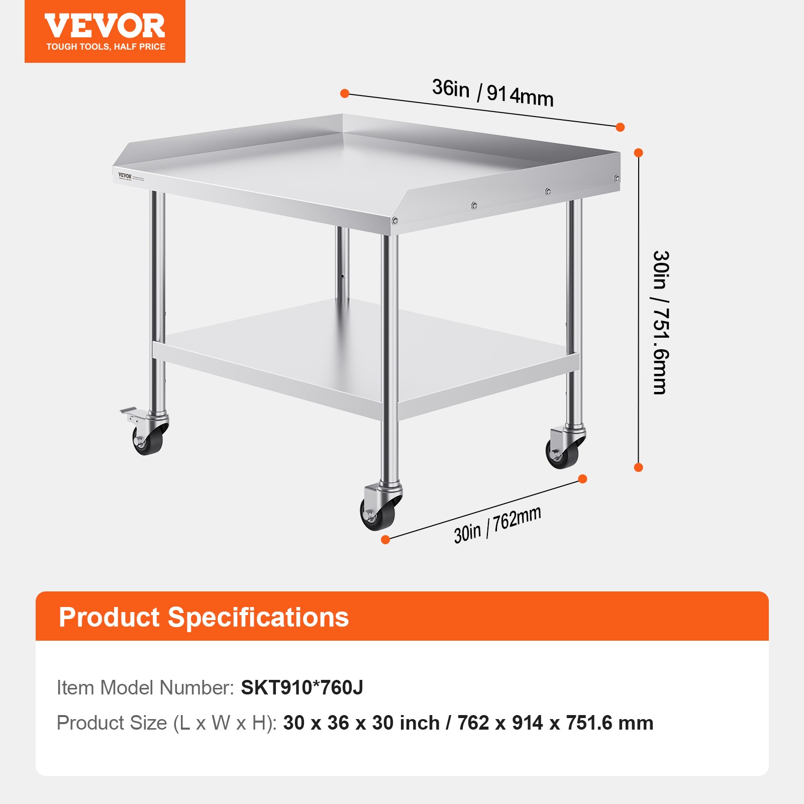 VEVOR Stainless Steel Work Table 30"x36" Commercial Food Prep Table W/ 4 Casters