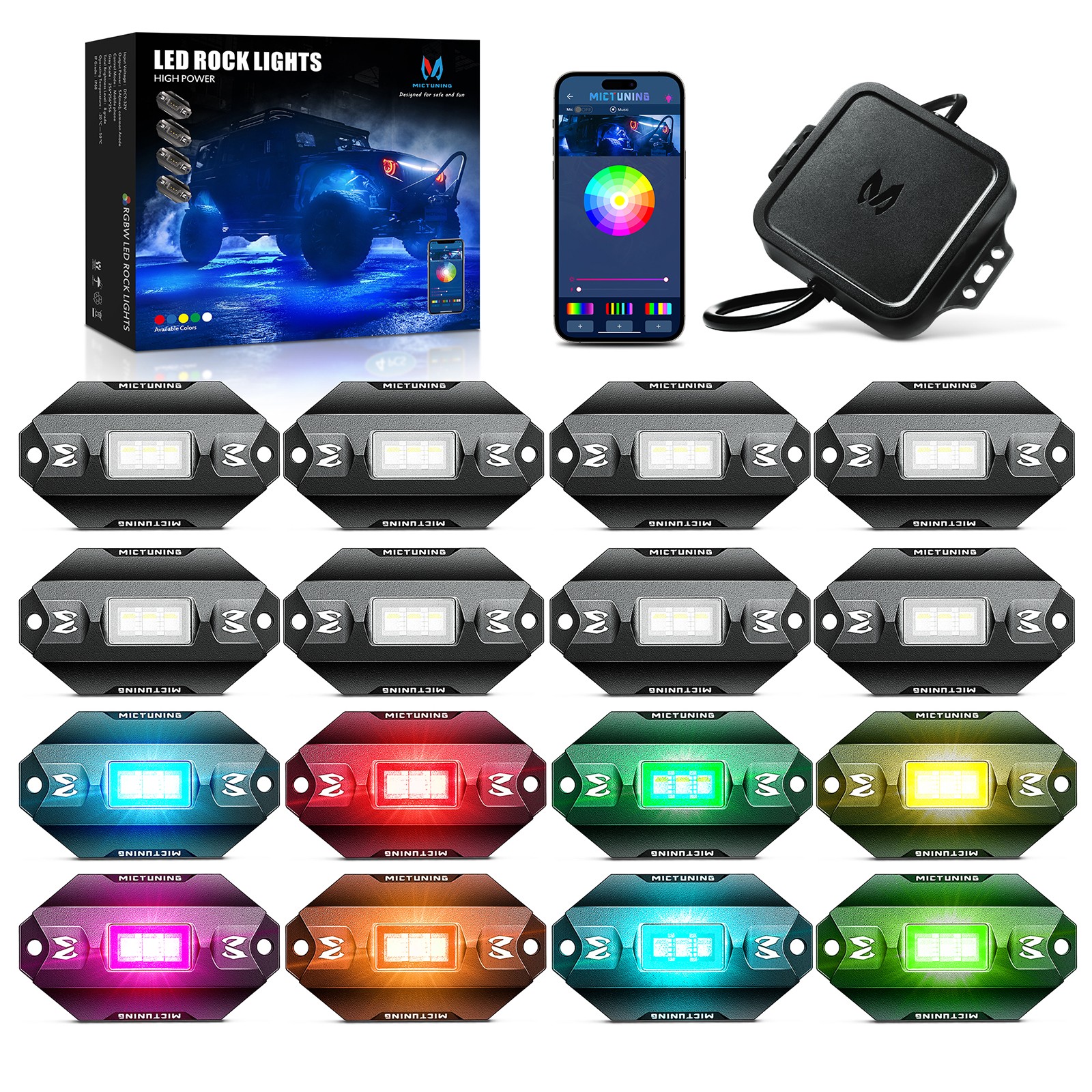 MICTUNING 16 Pods RGBW LED Rock Lights Kits, Underglow Neon Lights for Car Truck