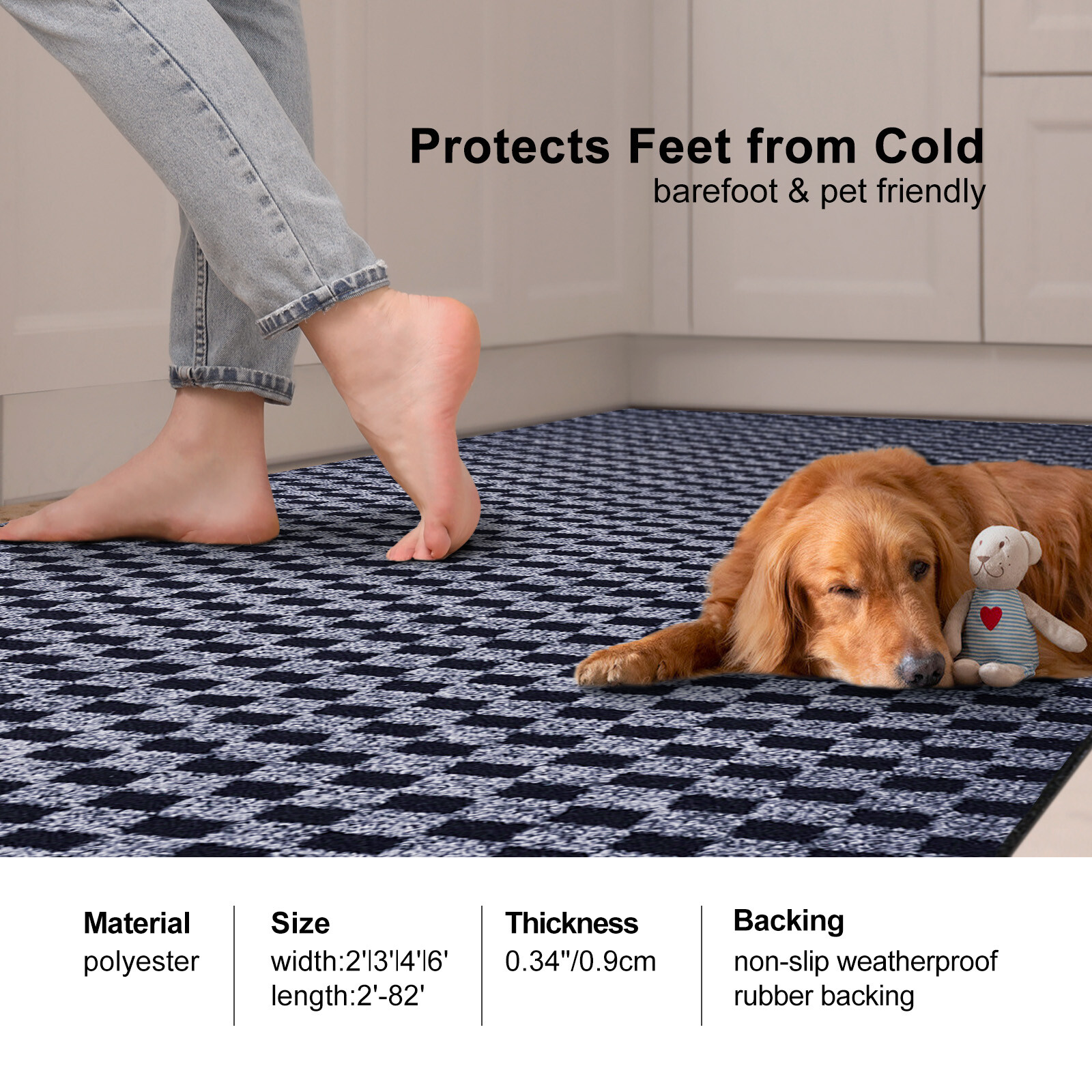 Runner Rug Hallway Non Slip Rubber Back Custom Size as Carpet Doormat Checkered