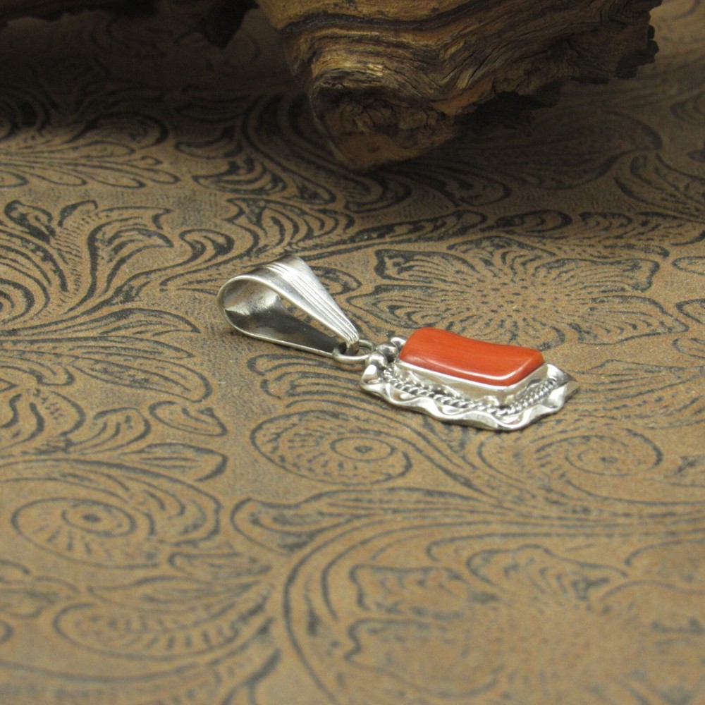 *Sterling Silver Rectangular Coral Pendant With Silver Designs