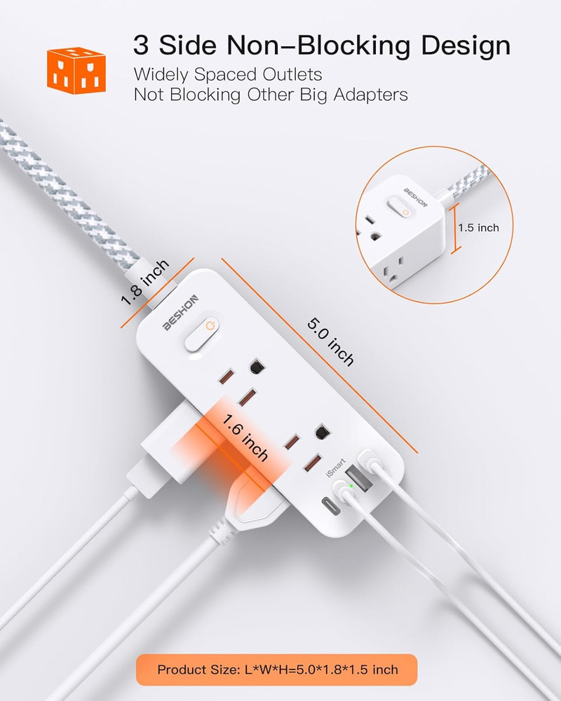 10 Outlet Surge Protector Power Strip USB C 5FT Flat Plug