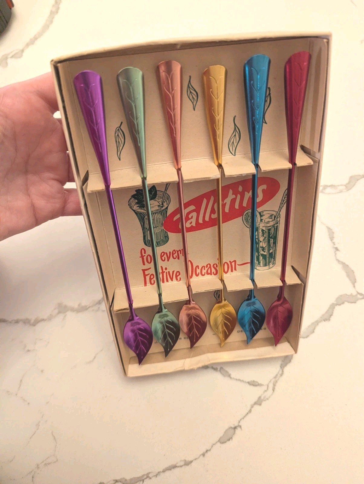 Tallstirs Aluminum Leaf Spoons MCM 1950s Original Box Bar Mid-century Modern