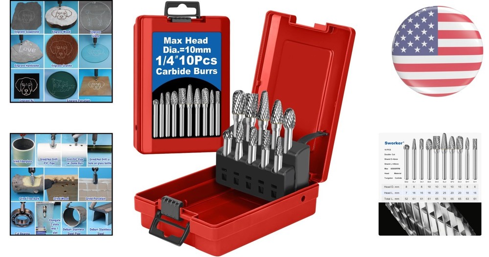 Professional Grade 10-Pc Die Grinder Bits in Red Box - Durable & Precise Cutting