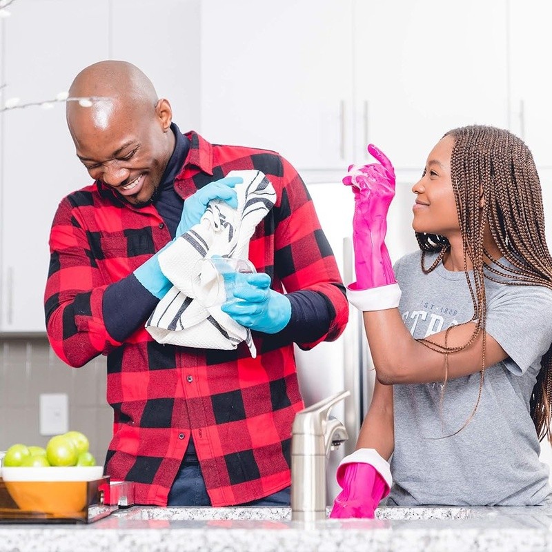 Triple Layer Rubber Gloves Reusable W/ Drip Catch Cuff Textured Grip Medium Pack
