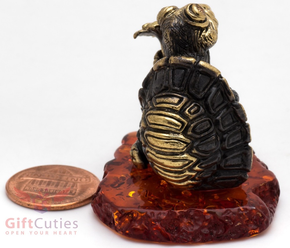 Solid Brass Amber Figurine Tortoise Turtle with a flower talisman IronWork