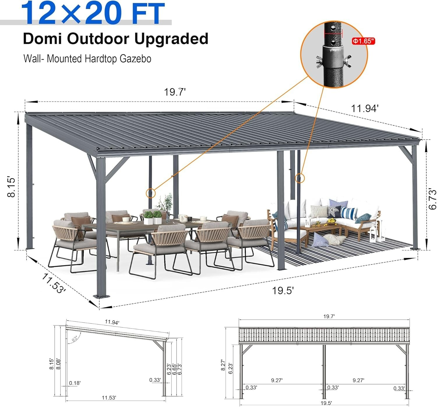 Domi 12x20FT Lean to Gazebo, Wall Mounted Gazebo w/Sloping Roof,Drainage System