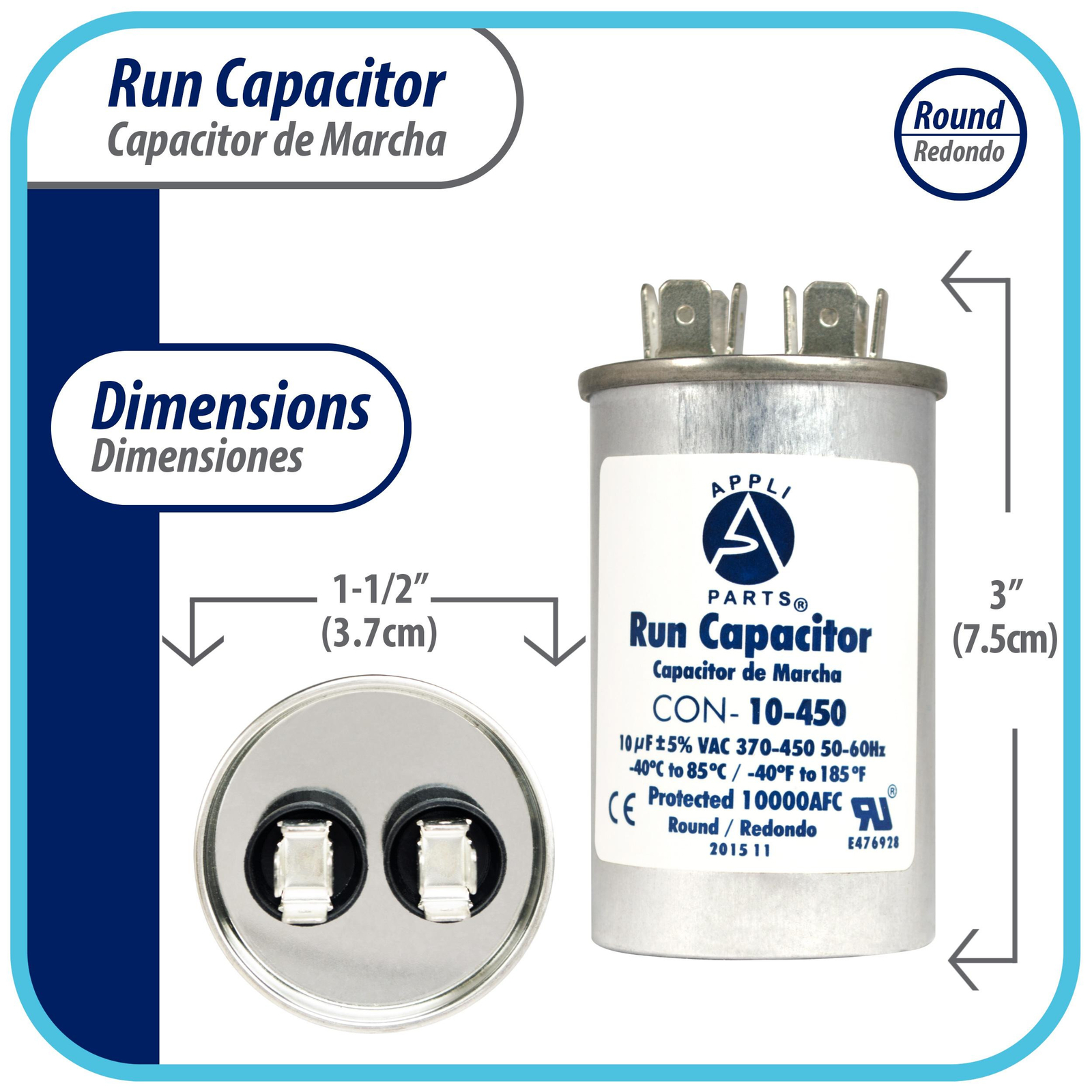 Appli Parts Run Capacitor for ac 10 Mfd uF (microfarads) 370 VAC or 450 VAC CBB6