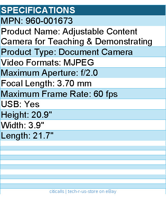 Logitech 960-001673 Document Camera with Clamp Mount, Articulating Overhead