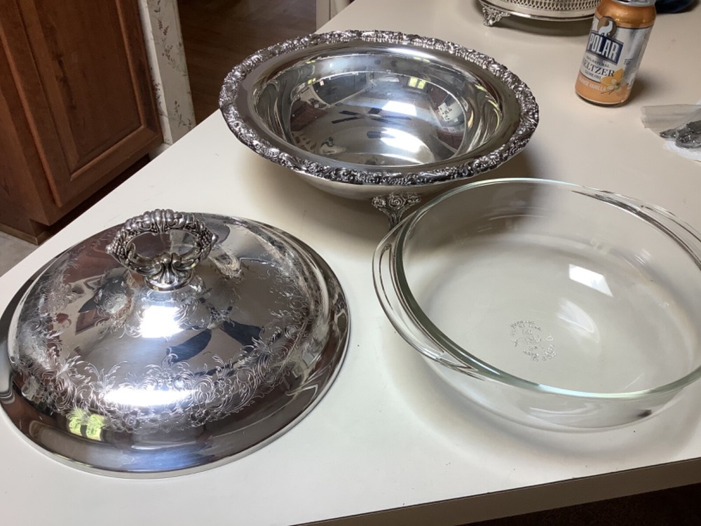 Vintage Webster Wilcox Silverplate Lidded Server W 2 qt. Pyrex inset casserole