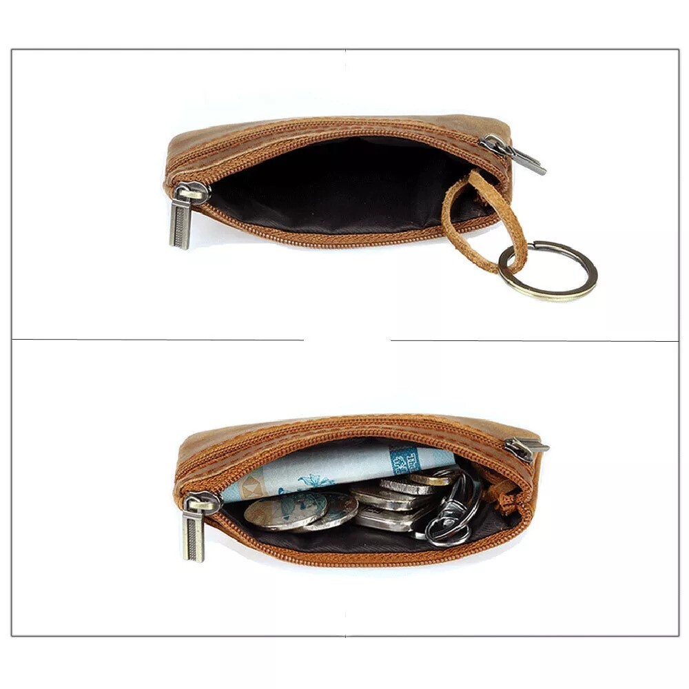 Brown Genuine Leather Small Coin Holder Change Purse Zipper Key Card Wallet