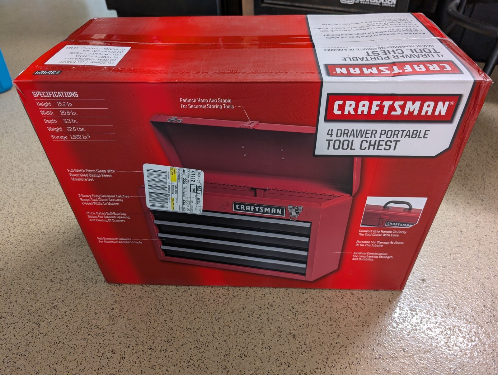 New In Box SEARS CRAFTSMAN 4 DRAWER PORTABLE STEEL TOOL CHEST 35424 BOX LOCKABLE