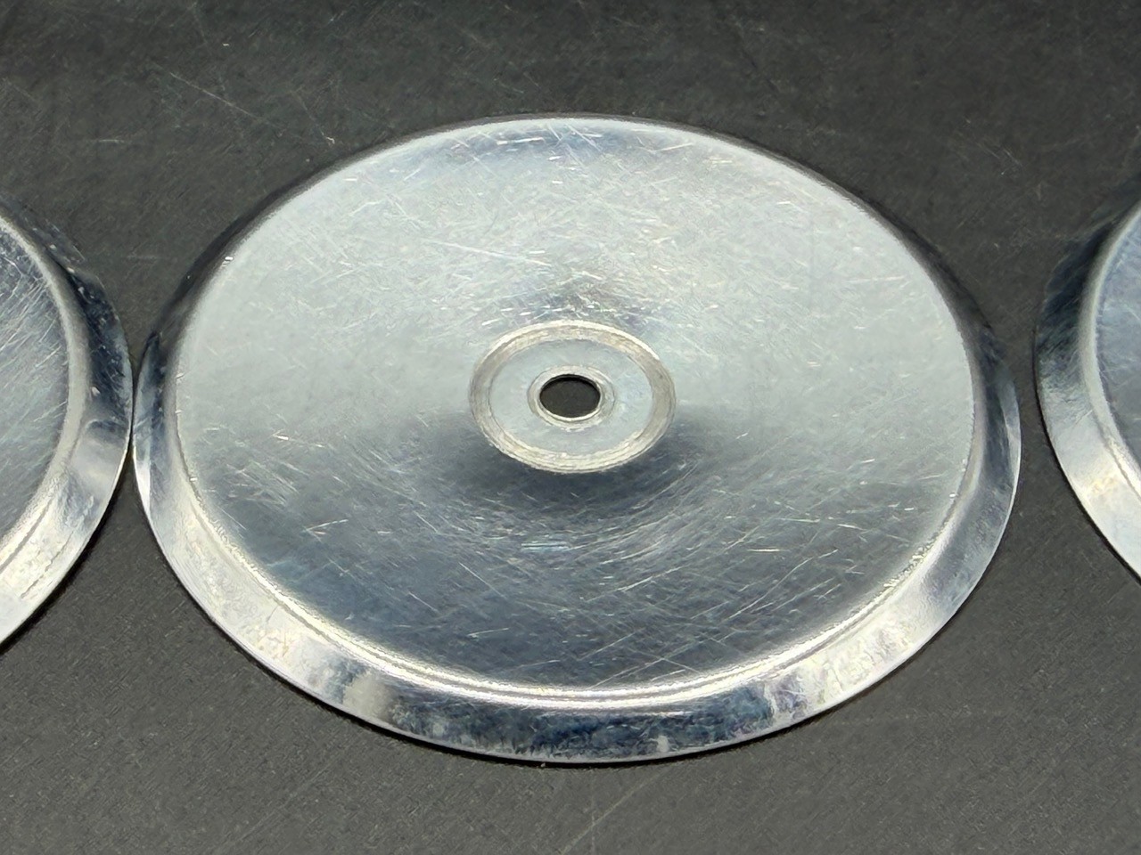 3 Vintage Chrome Concave Round Pull Knobs w/ Matching Backplates & Screws.