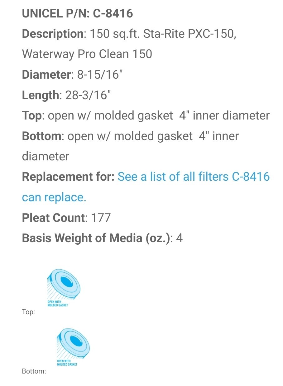 Unicel C-8416 Pool Spa Replacement Cartridge Filter Sta-Rite PXC-150 25230-0150S