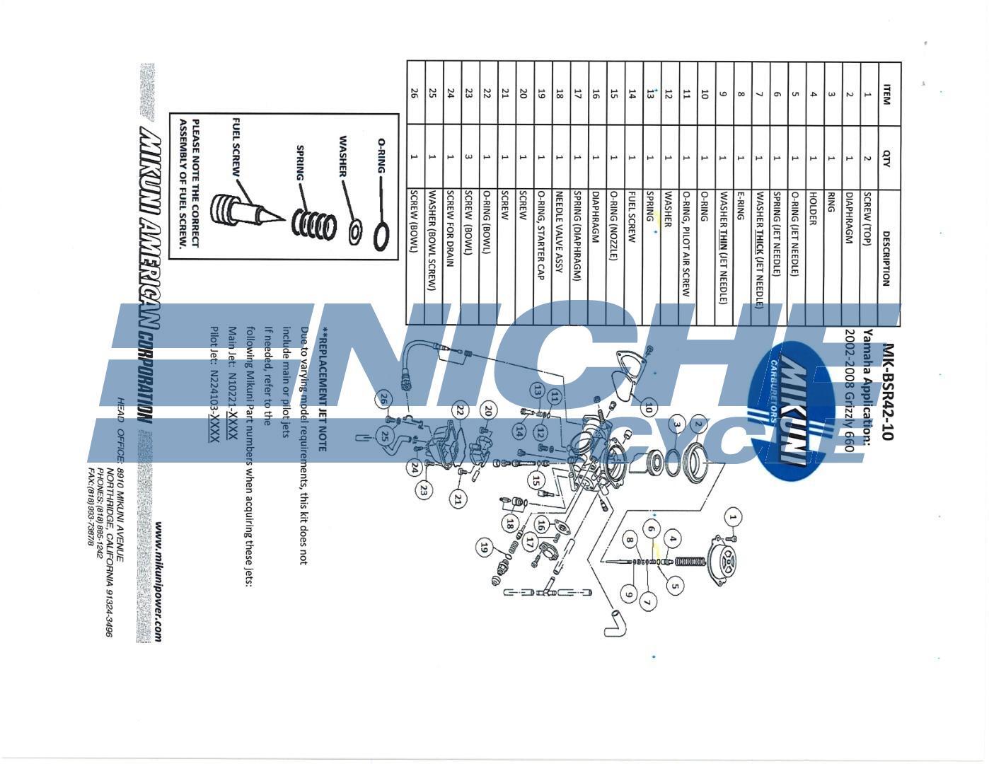 Genuine Mikuni OEM Carburetor Rebuild Kit for Yamaha Grizzly 660 MK-BSR42-10