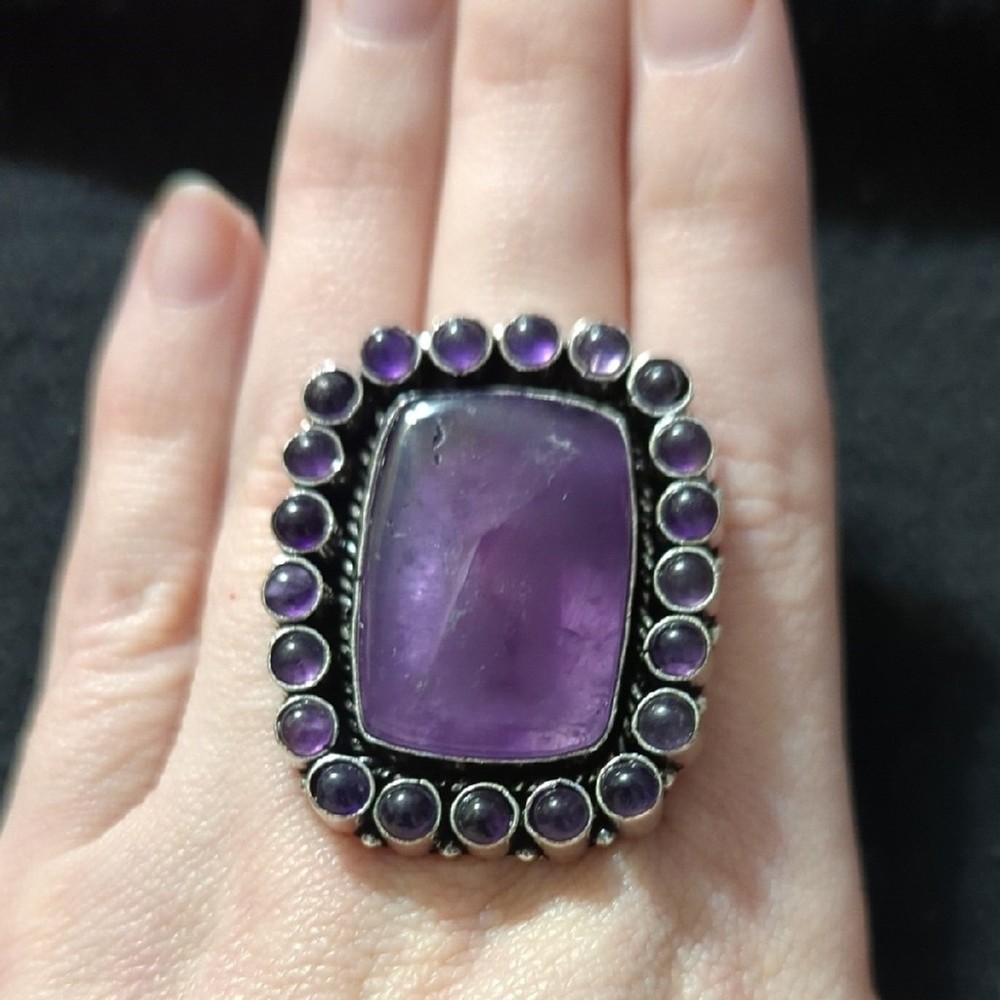 Silver Plated Purple Amethyst Gemstone Cluster Chunky Statement Ring - Size 8