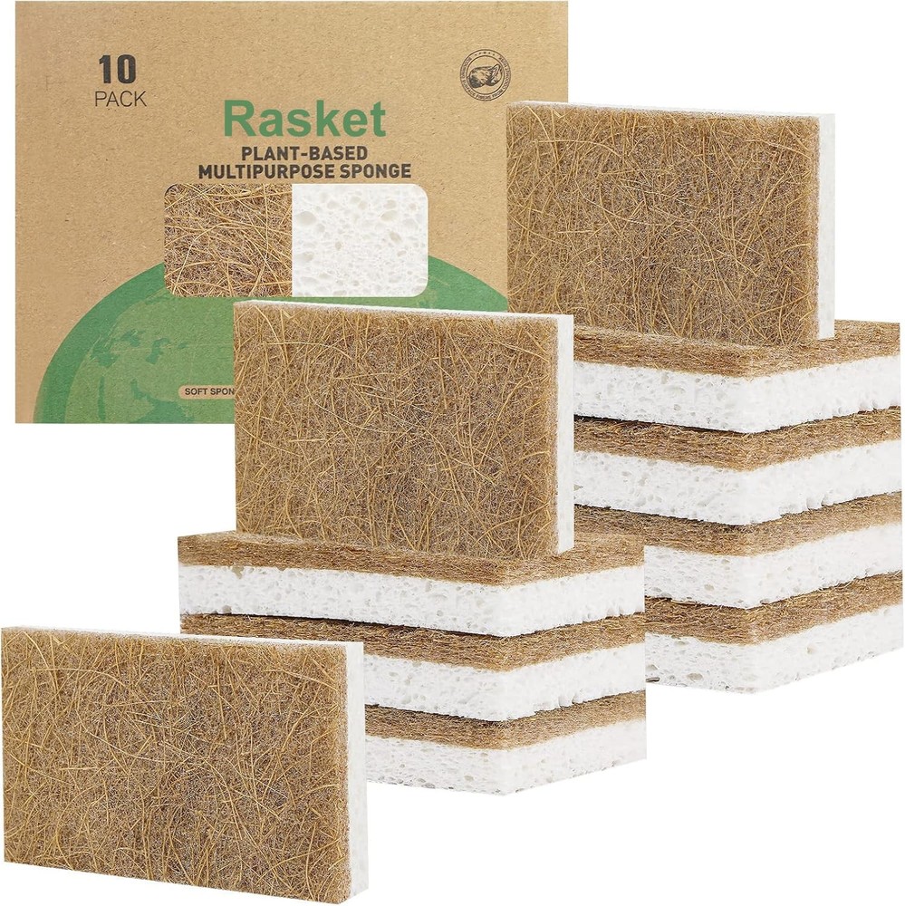 Rasket 10 Pack Biodegradable Natural Sponges Kitchen - Compostable White