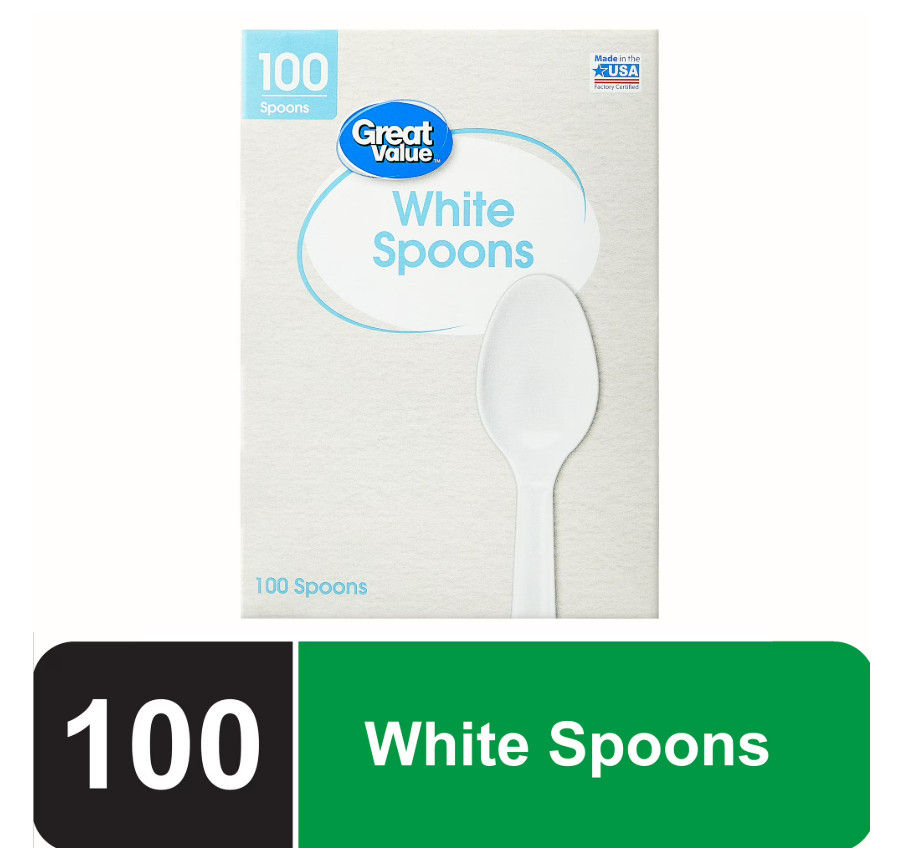 Great Value Plastic Basic White Spoons, 100 Count