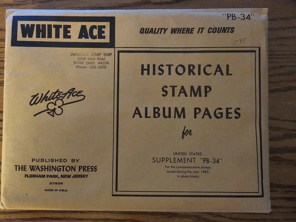 White Ace Stamp Supplement PB-34 for 1982 Commemorative Plate Blocks NOS