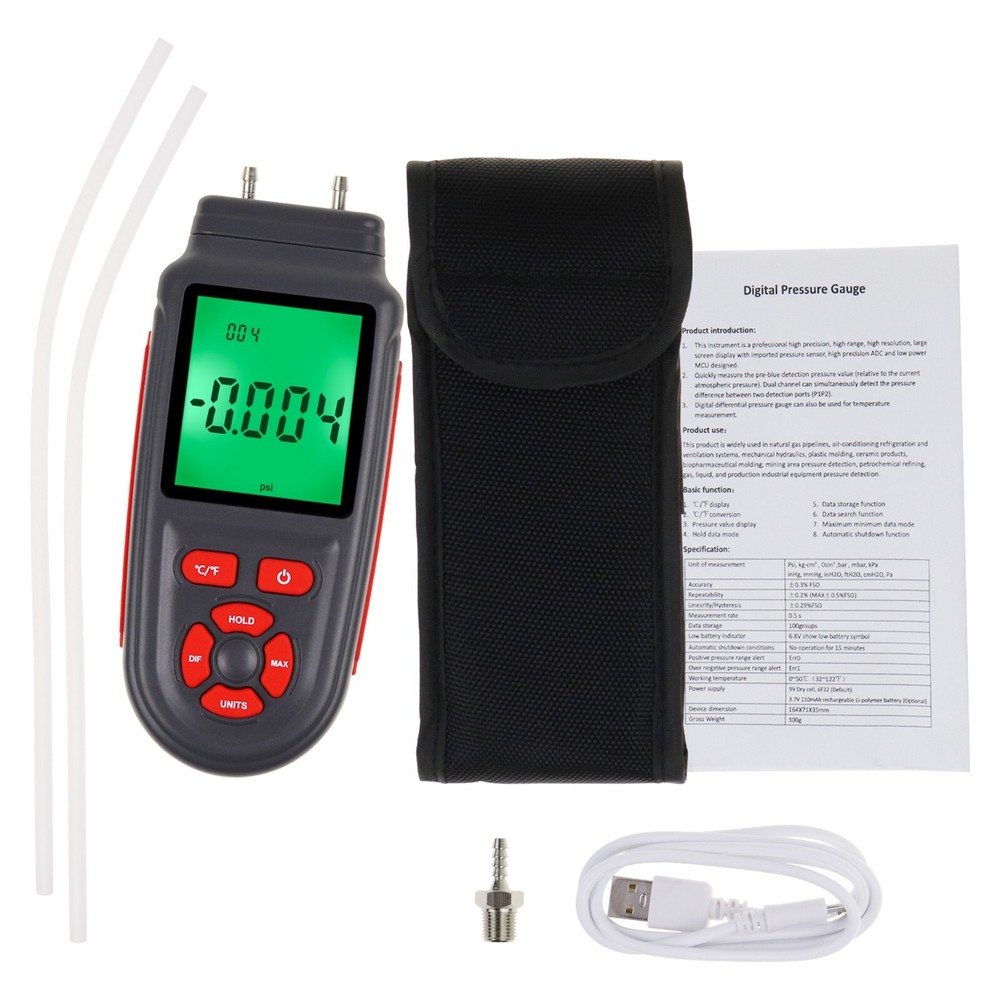6.45" Dual Differential Gas Pressure Tester Manometer with Data Storage Function