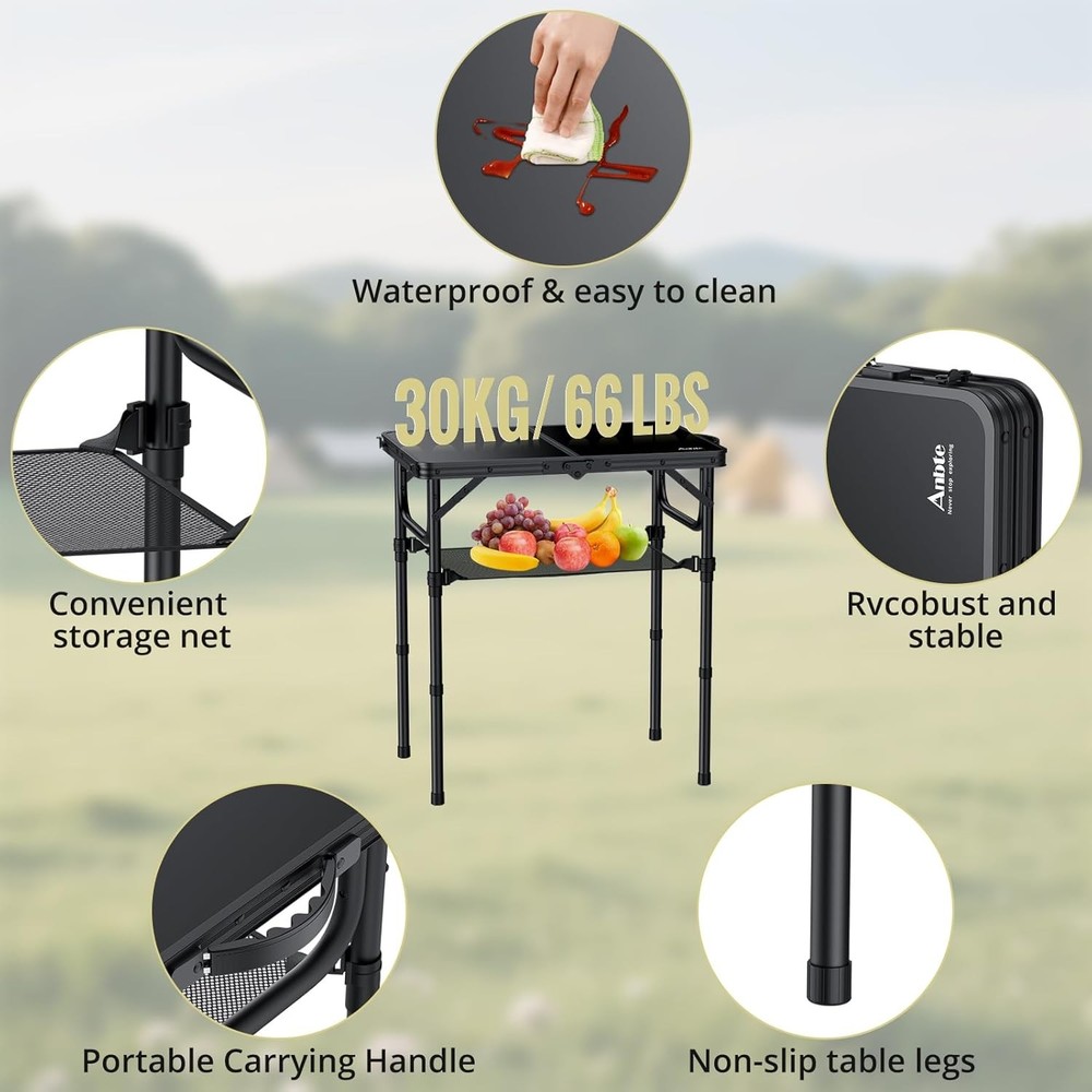2ft Folding Camping Table W/ Storage Net 3 Adjustable Heights Small Folding