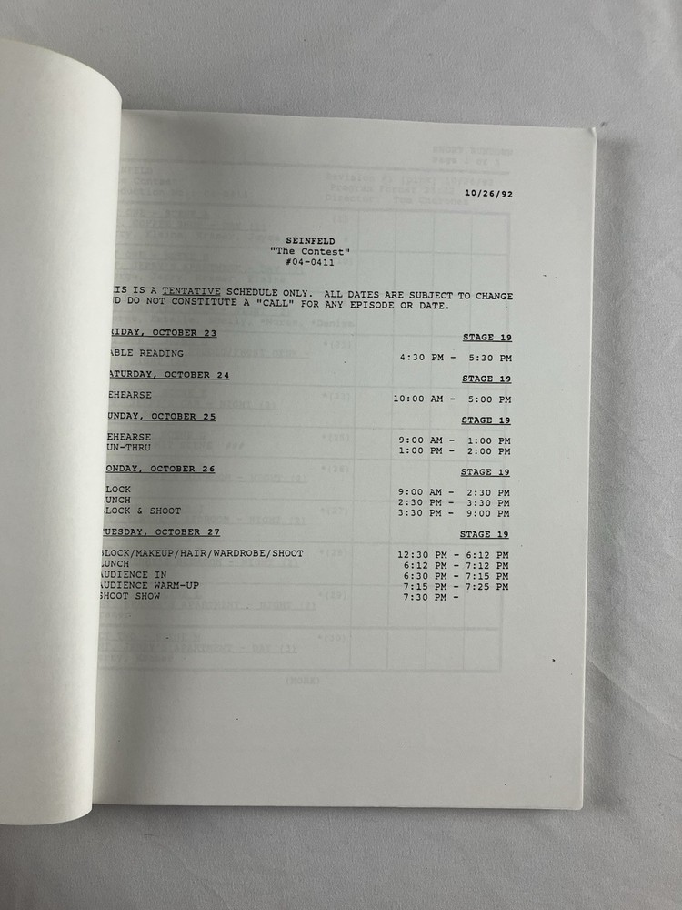 Original SEINFELD "The Contest" TV Script Revised Table Draft 1992 Larry David