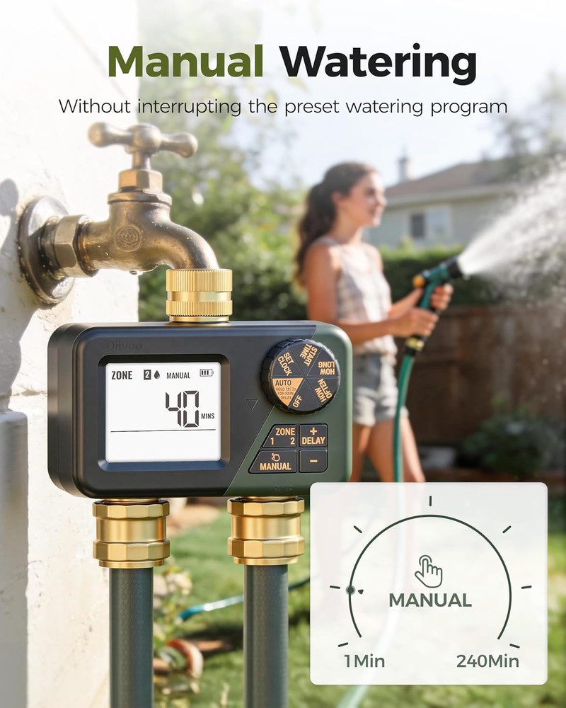 Brass Sprinkler Timer 2 Zone, IP66 Waterproof Programmable Water Hose Timer 2 Ou