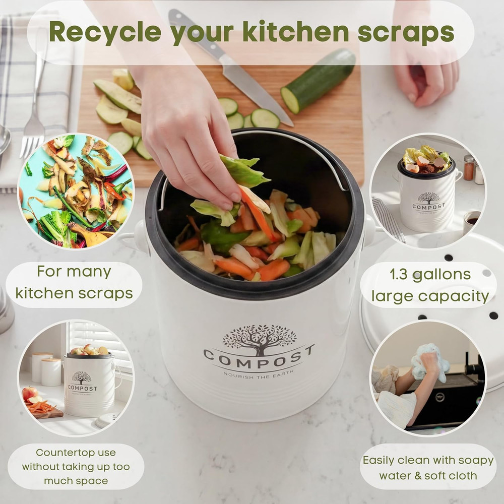 Kitchen Compost Bin, 1.3 Gallon Countertop Compost Bin with Lid, Indoor Compo...