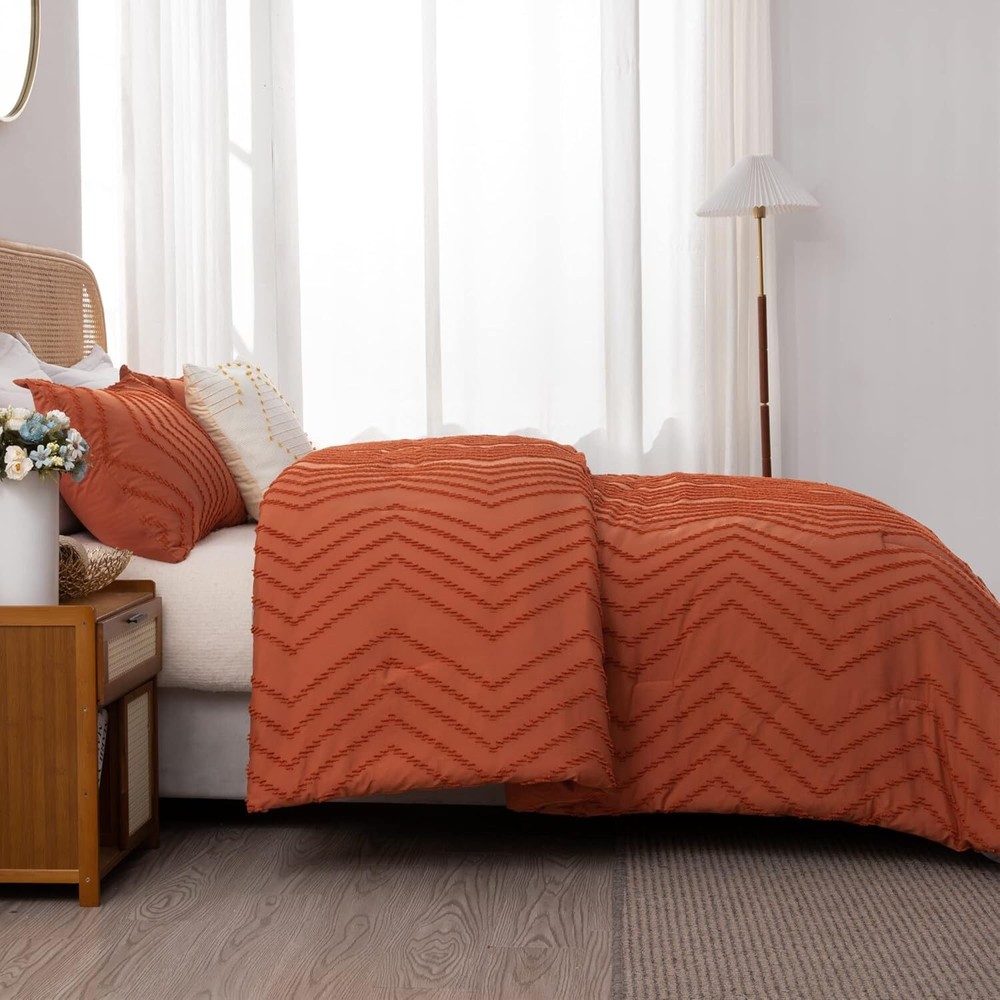 Burnt Orange Comforter Set, Lightweight Fall Tufted Bedding Set king