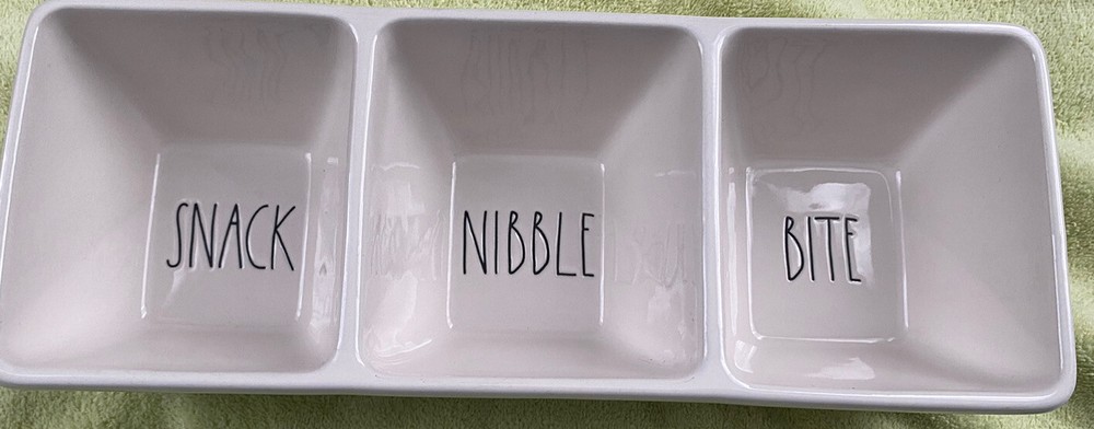 Rae Dunn White Ceramic “SNACK" "NIBBLE" & "BITE" 3-Compartment Dip Tray EUC!!