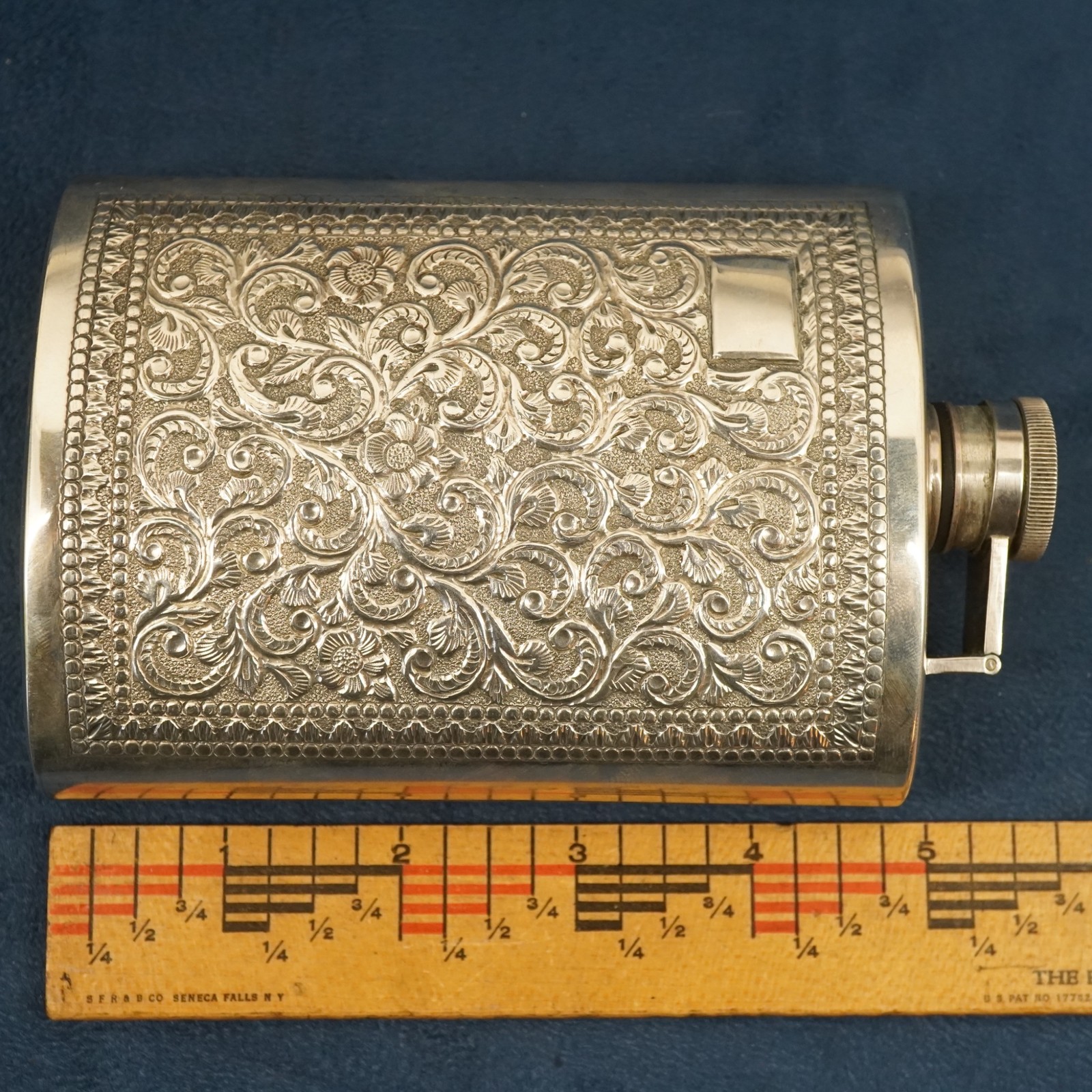 Vintage Embossed Sterling Silver Hip Flask, 196.8g - Free Shipping USA