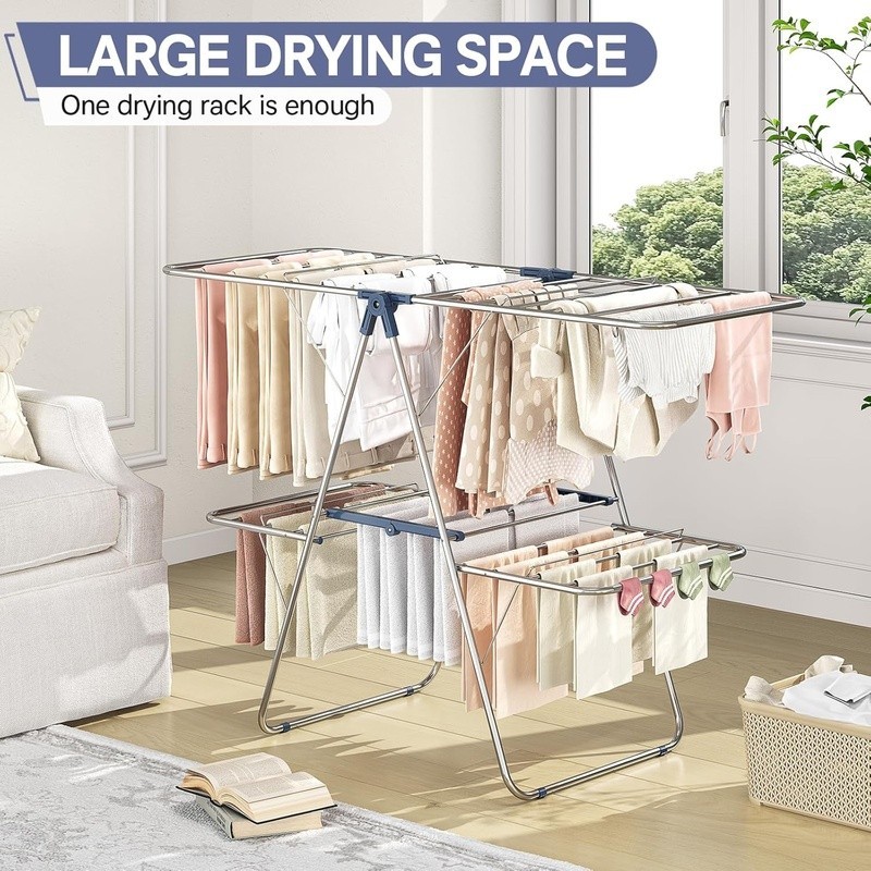 Adjustable Foldable Drying Rack Two Tiers Space Saving Indoor Outdoor Use