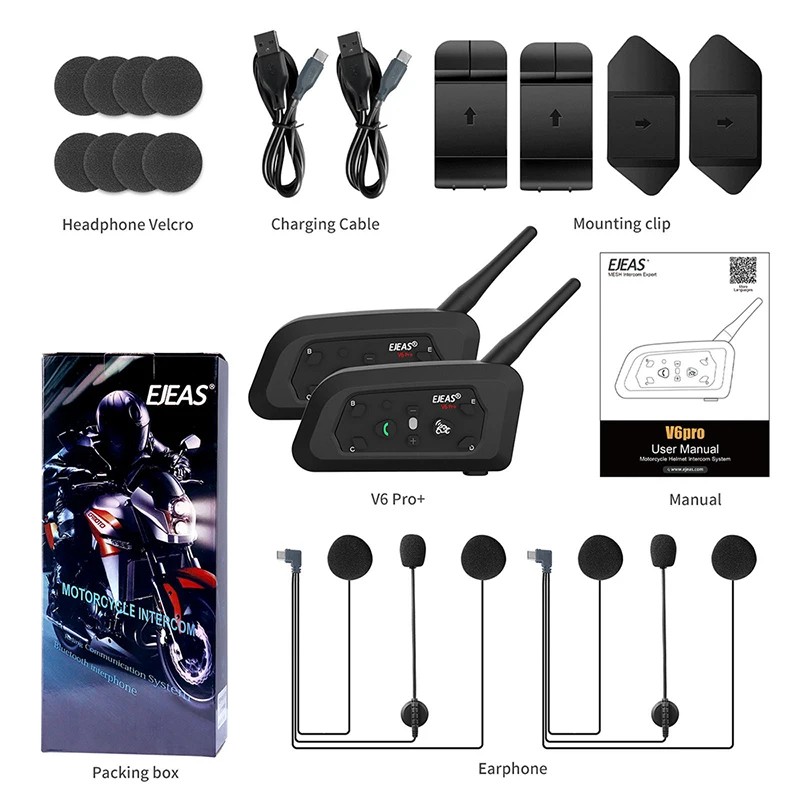 2PCS EJEAS V6PRO+ Motorcycle Intercom Bluetooth 5.1 1200m 8h Battery Waterproof