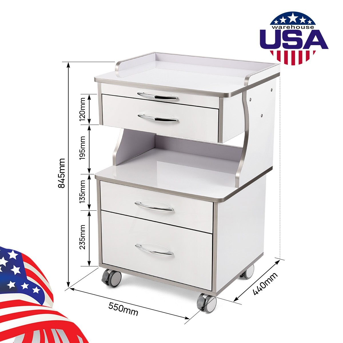Medical Dental Mobile Cabinet Steel Material with Three Drawers instrument tray